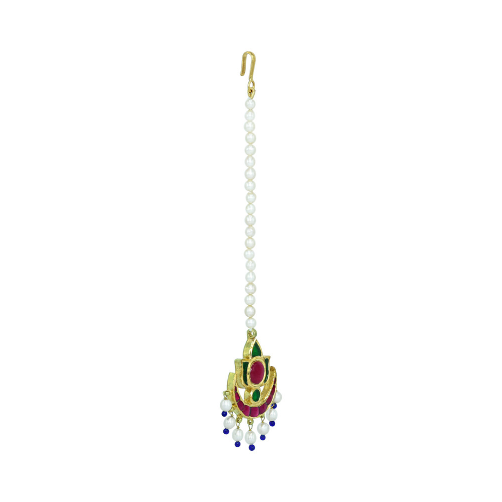 Crescent Cabochon Mangtikka with Red-Green Stones and Pearls